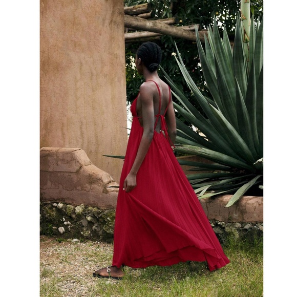 Red Pleated Maxi Babydoll Dress Open Back Flowy Skirt Tie Straps Lined - Picture 4 of 10